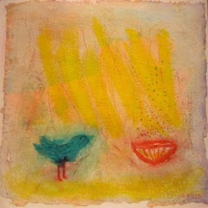 Bird and Bowl of Mystery, 12"x12" mixed media on panel, by Barbara Mayfield 2014