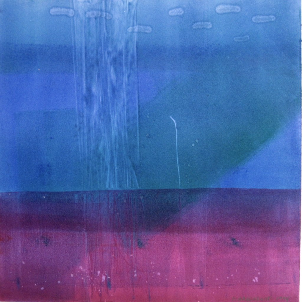Monotype from the AT THE EDGE OF THE WORLD Series. "First Ocean" 16x16 on Rives paper.
