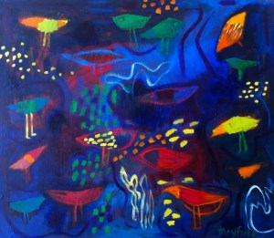 Birds by the RIver, 24x26" oil on canvas, by Barbara Mayfield 2015