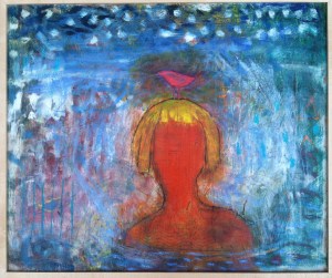 Mermaid, 22x24" oil and mixed media on wood panel, by Barbara Mayfield 2010