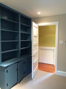 Always consider the floor color. This house had bright red-gold wood floors which led us to this dusty teal, a tawny neutral, and that goldy green in the hall.
