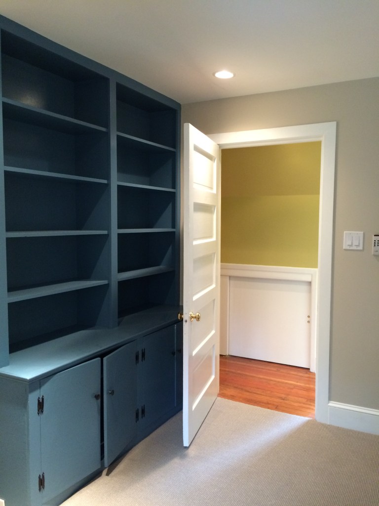 Always consider the floor color. This house had bright red-gold wood floors which led us to this  dusty teal, a tawny neutral, and that goldy green in the hall. 