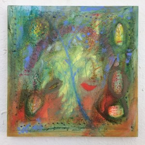 Red Bird, 12'x12' oil on handmade paper on panel, From the series My Pennsylvania Garden. ©Barbara Mayfield 2017