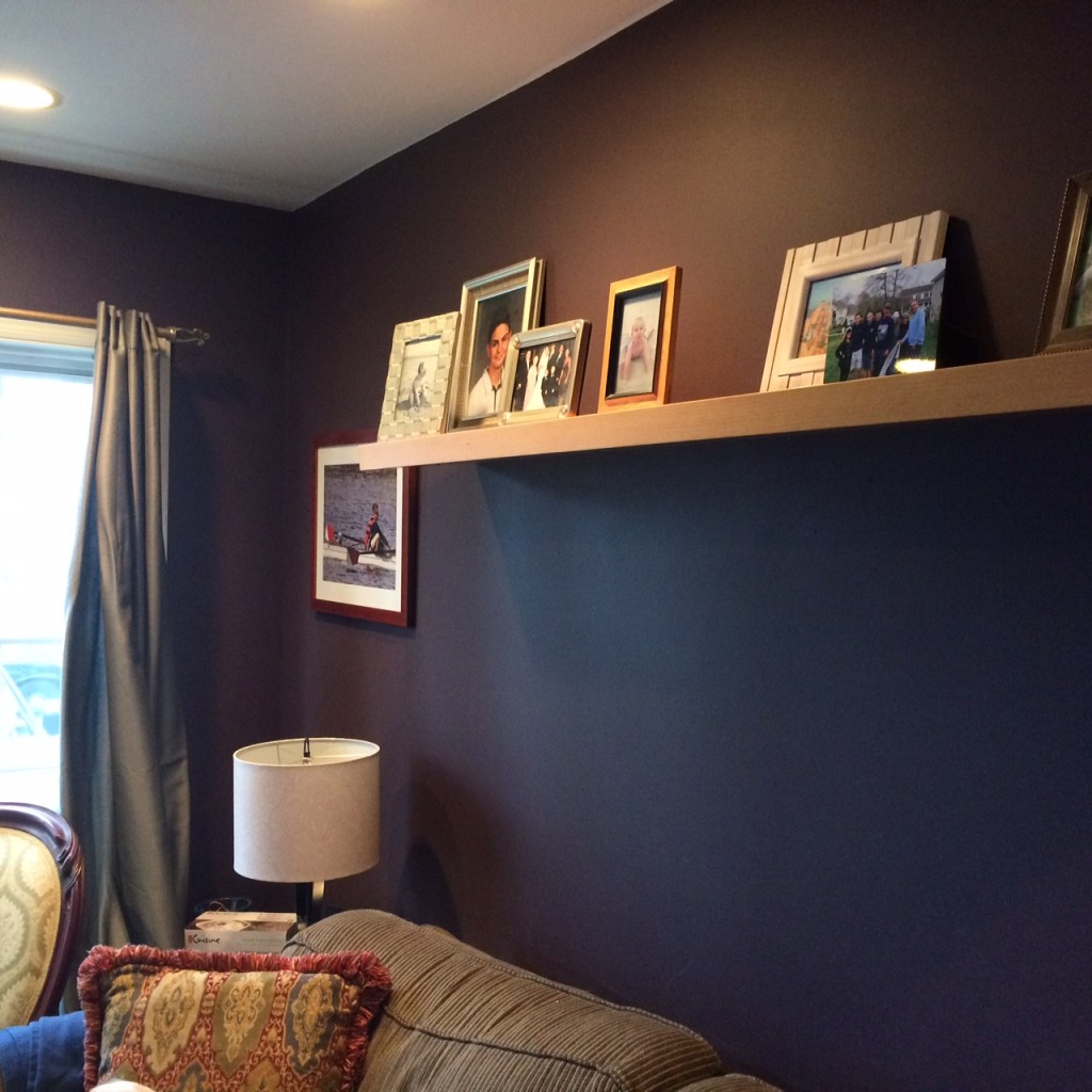 Clients H and R were shocked at themselves when, after looking at many shades of middle-tone neutrals for this small room, they loved the deep dark plum for their TV/den room.  