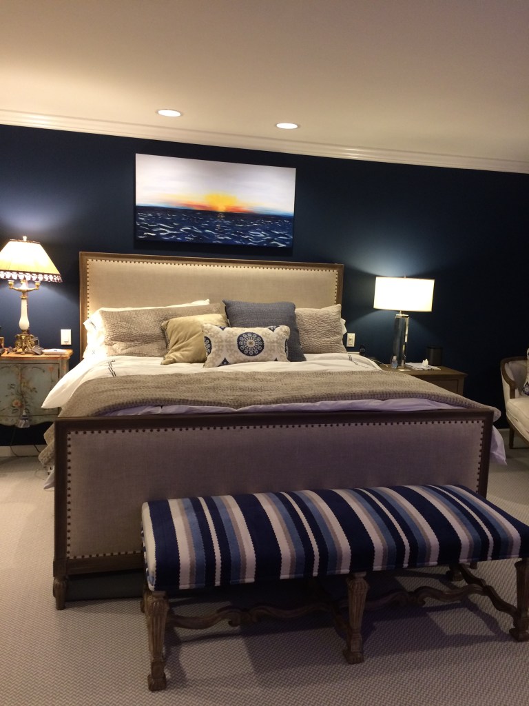 J and P wanted elegance and drama in the main bedroom. With all the neutrals on the floor and linens and furnishings, we had our choice of deep shades. They chose a classic dark navy.