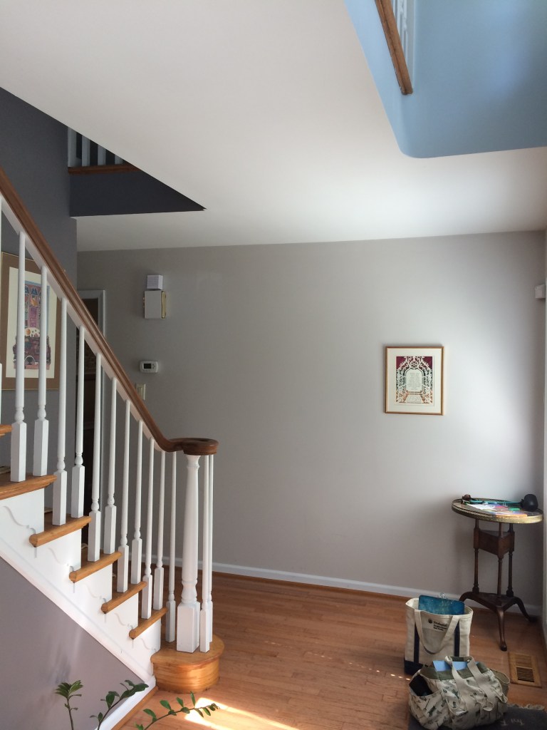 Two shades of gray for this hall and stairway -- one pale and warm, the other a rich grey with a noticeable plum undertone.