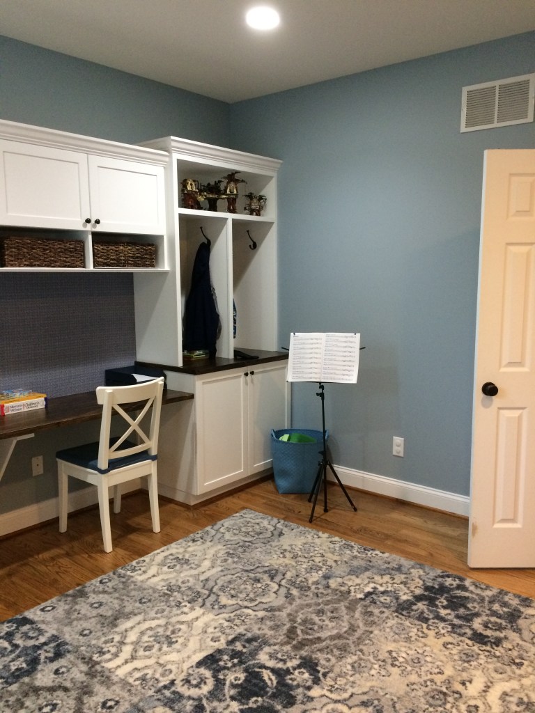 S & C wanted a calming, brainy color for their children's homework room and this dusty blue with a drop of green in it won the day.