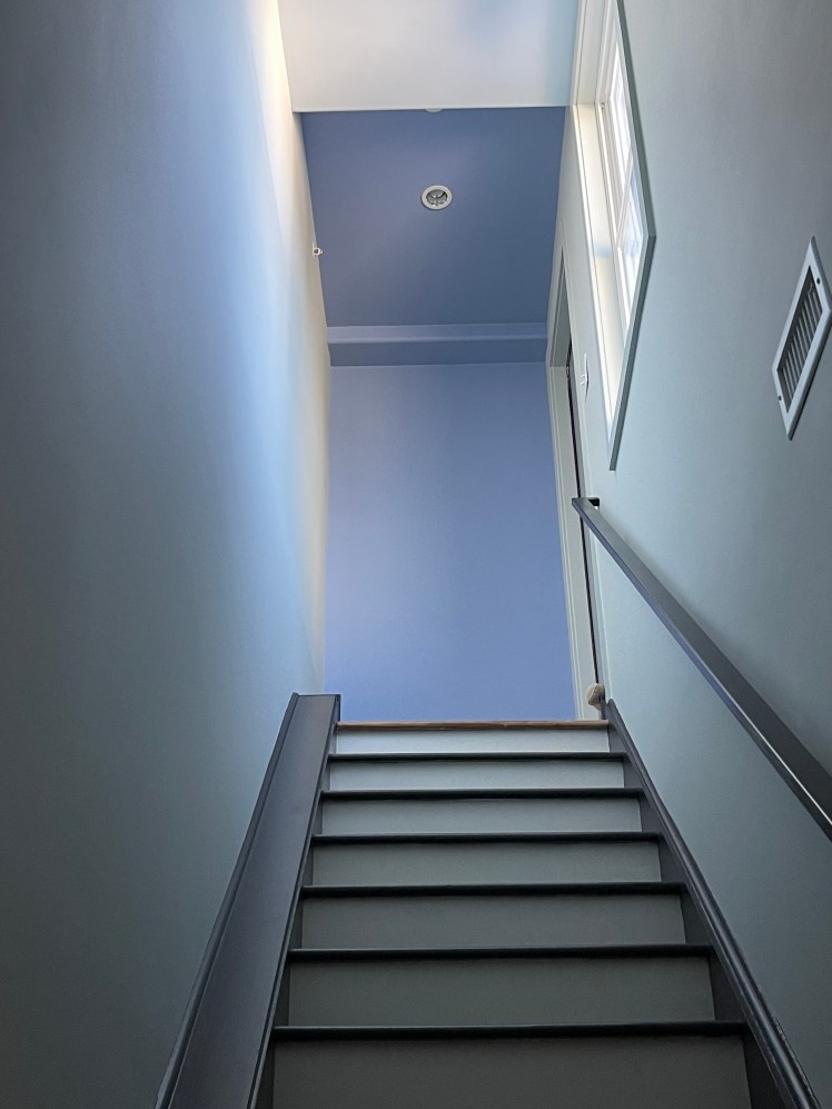 A long stairway leading to a roof deck, clients D and  E wanted subtle and calm with a color surprise at the top. So we chose a soft grayish sage to lead up to that periwinkle pop