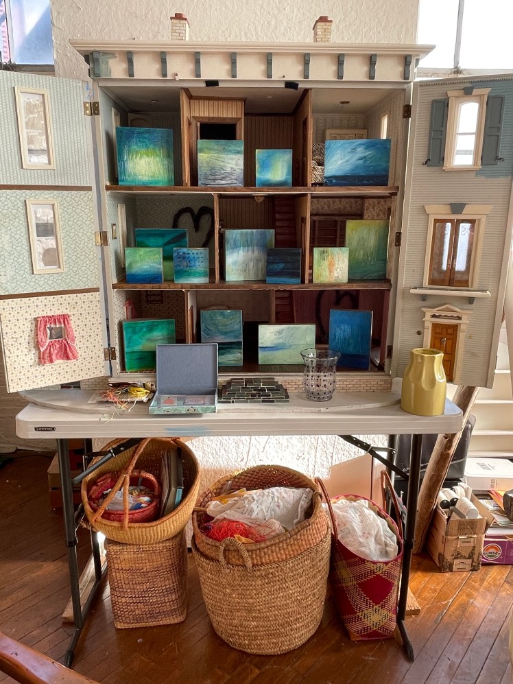 Dollhouse display of the small OCEANS paintings. Dollhouse reno in-progress.